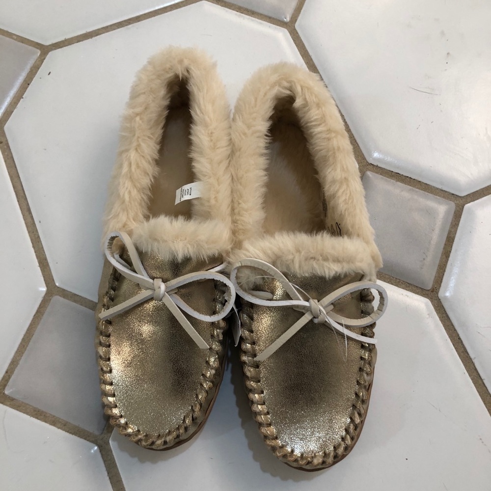 J Crew Metallic gold moccasin slippers (size 8)